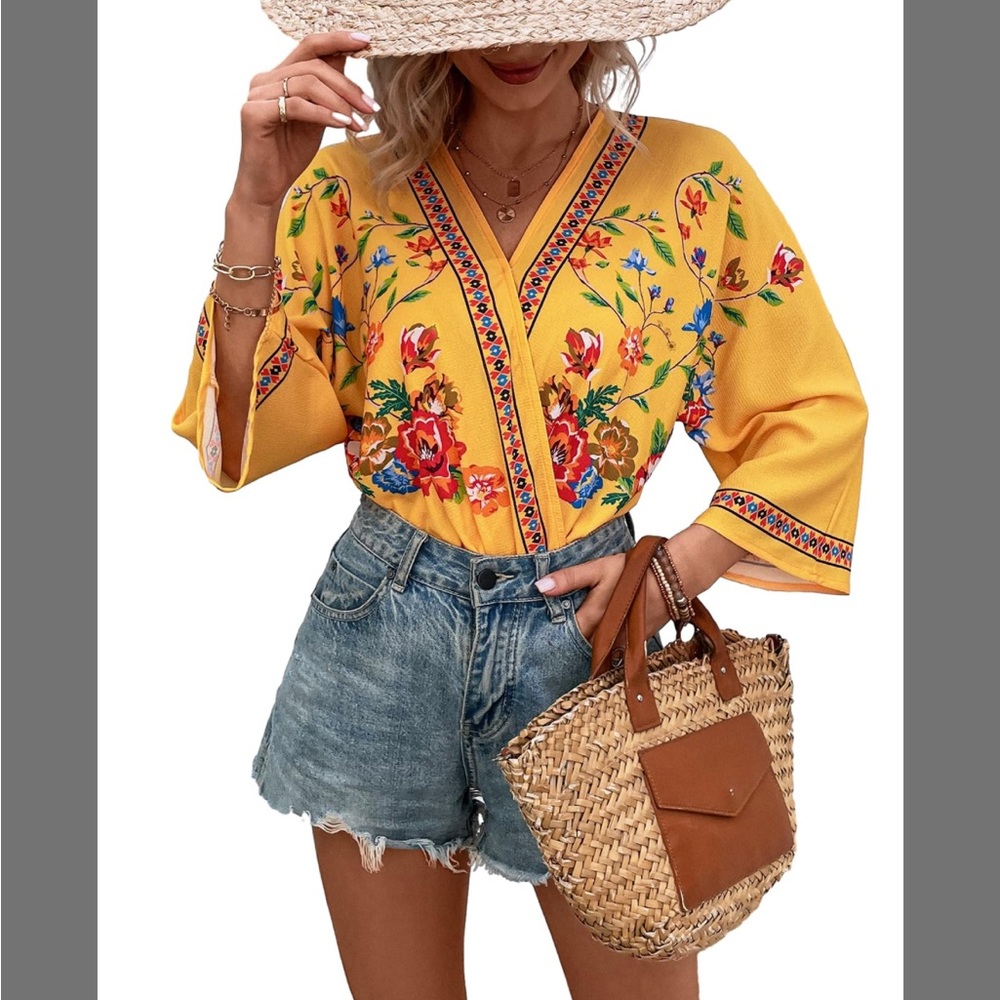 Vibrant Yellow 3/4 Sleeve Floral Bodysuit